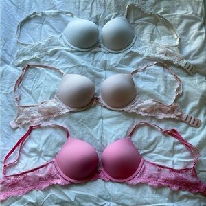 Victoria's Secret Lace Push Up Bra Set - White, Light Pink, Hot Pink